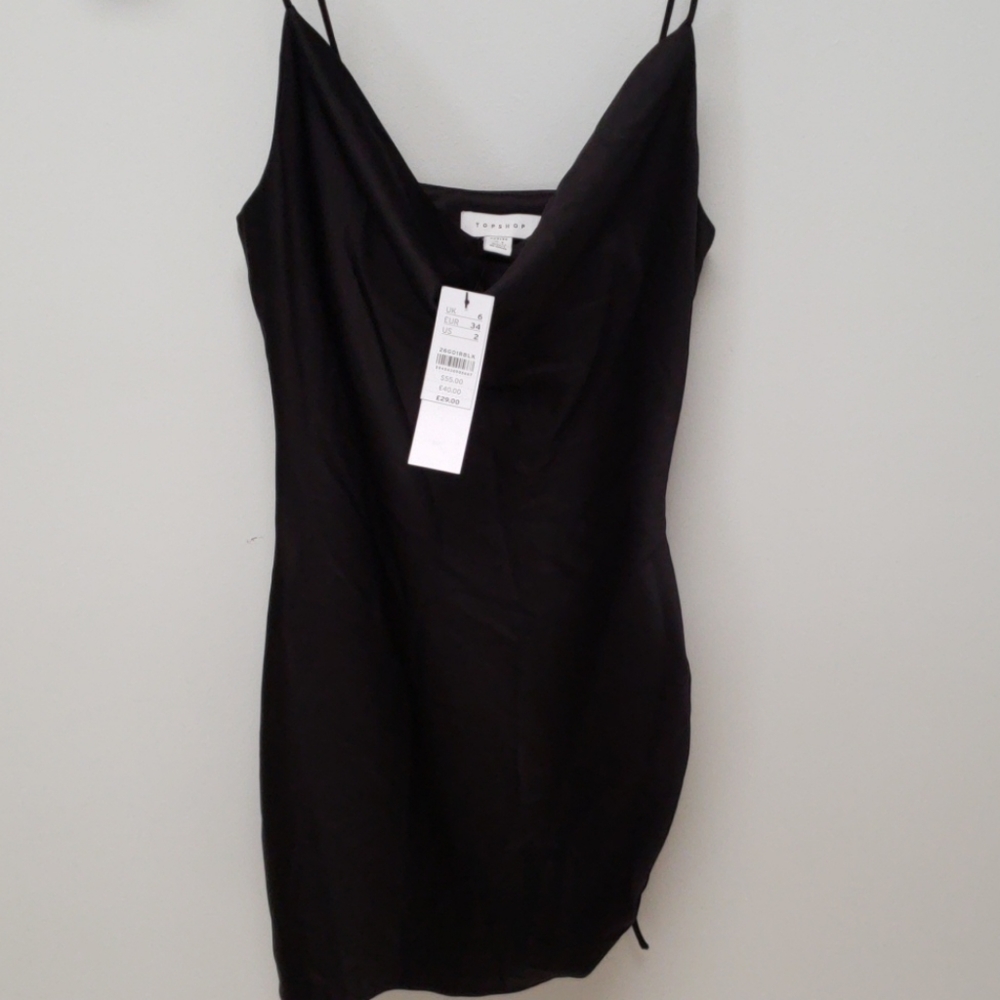 TOPSHOP BLACK SATIN SIDE RUCHED MINI DRESS…